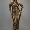 Metallic Ruched Dress with Keyhole Sleeves – Gold