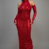 Metallic Ruched Dress with Keyhole Sleeves – Red