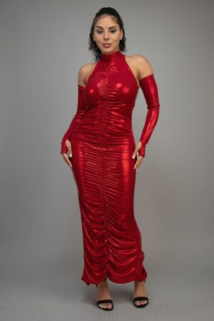 Metallic Ruched Dress with Keyhole Sleeves – Red