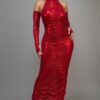 Metallic Ruched Dress with Keyhole Sleeves – Red