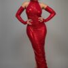 Metallic Ruched Dress with Keyhole Sleeves – Red