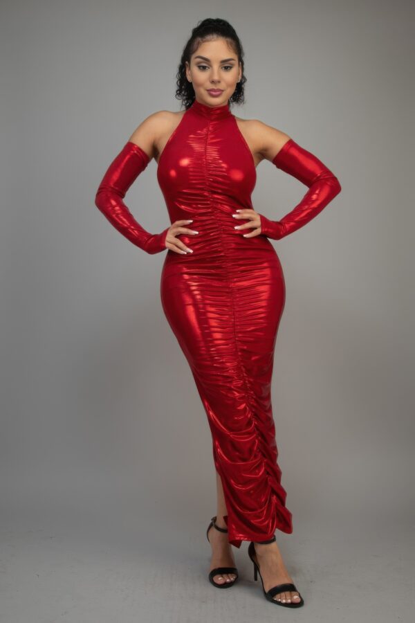 Metallic Ruched Dress with Keyhole Sleeves – Red