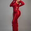 Metallic Ruched Dress with Keyhole Sleeves – Red