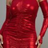 Metallic Ruched Dress with Keyhole Sleeves – Red