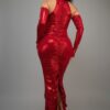 Metallic Ruched Dress with Keyhole Sleeves – Red