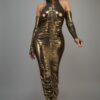 Metallic Ruched Dress with Keyhole Sleeves – Gold