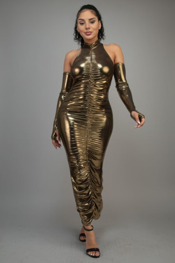 Metallic Ruched Dress with Keyhole Sleeves – Gold