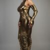 Metallic Ruched Dress with Keyhole Sleeves – Gold