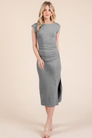 Ribbed Cap-Sleeve Boatneck Midi Dress with Open Back