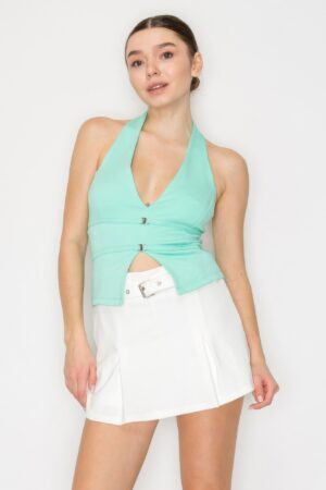 Halter Neck Buckled Open-Back Crop Top – Pool Mint