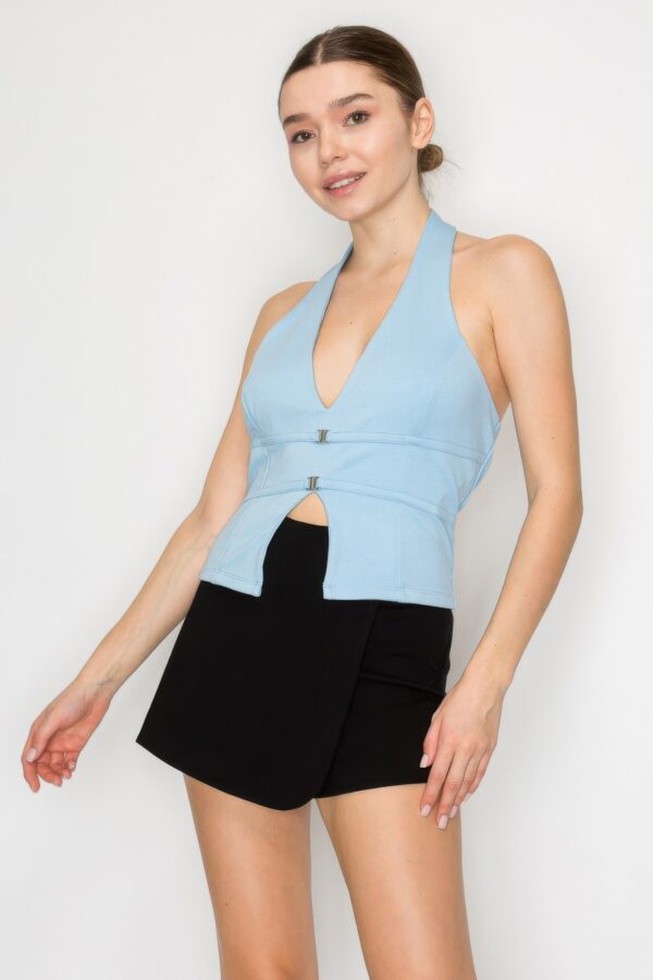 Halter Buckled Open-Back Crop Top – Powder Blue