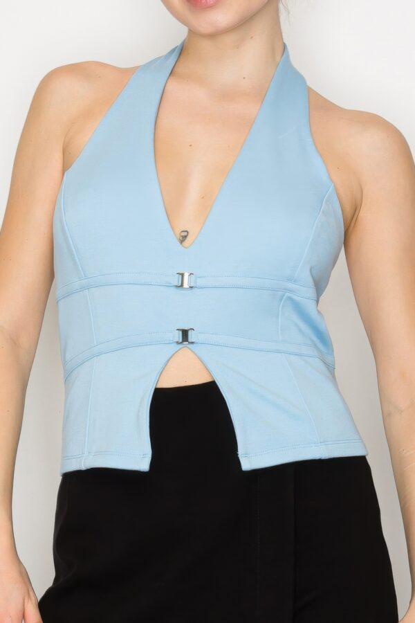 Halter Buckled Open-Back Crop Top – Powder Blue