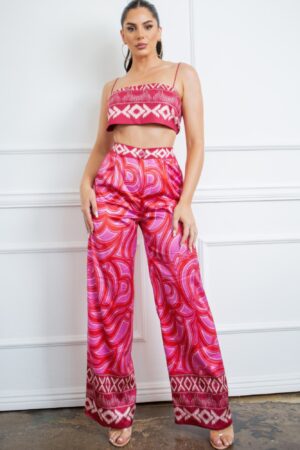Satin Bandeau Top & Wide-Leg Pants Set – Cherry