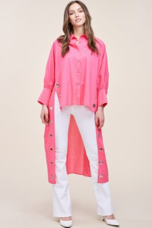 Oversized Cotton Shirt with Long Back – Pink