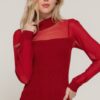 Long-Sleeve Mesh Panel Sweater Top – Burgundy