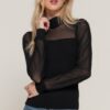 Long-Sleeve Mesh-Panel Sweater Top – Black