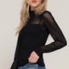 Long-Sleeve Mesh-Panel Sweater Top – Black