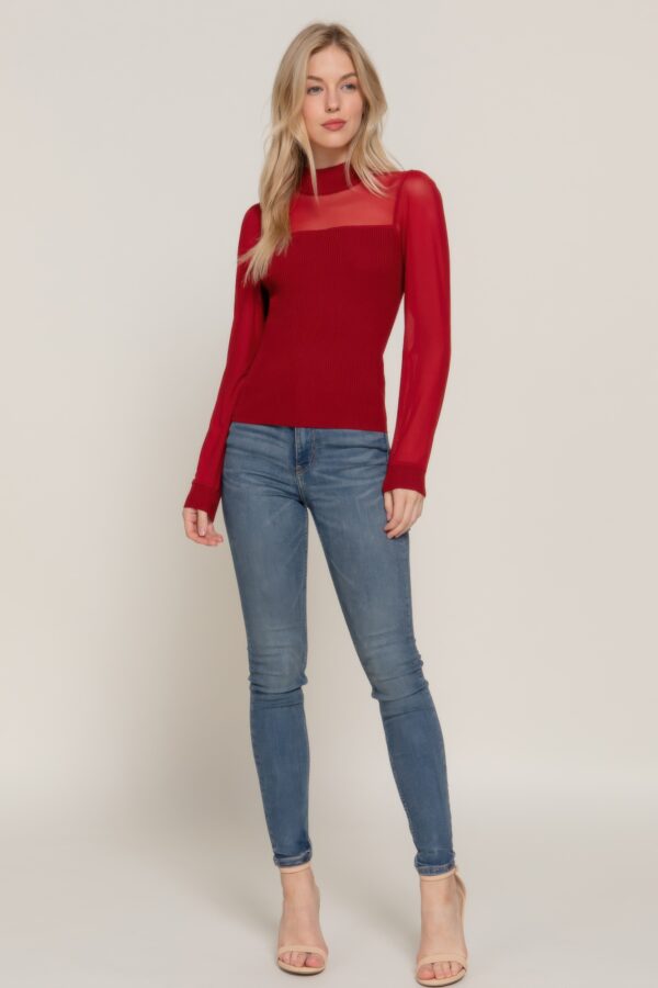 Long-Sleeve Mesh Panel Sweater Top – Burgundy