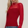 Long-Sleeve Mesh Panel Sweater Top – Burgundy