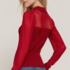 Long-Sleeve Mesh Panel Sweater Top – Burgundy