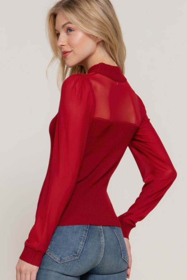 Long-Sleeve Mesh Panel Sweater Top – Burgundy