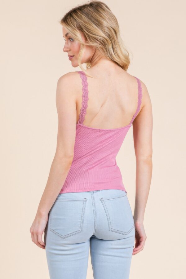 Ribbed V-Neck Lace-Trim Tank – Soft Pink