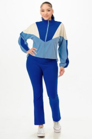 Colorblock Fleece Jacket & Flare Pants Set – Royal Blue