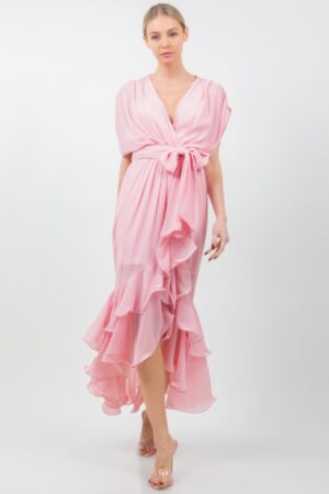 Mauve Tie-Waist Ruffle Midi Dress with Flowing Skirt