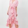 Mauve Tie-Waist Ruffle Midi Dress with Flowing Skirt