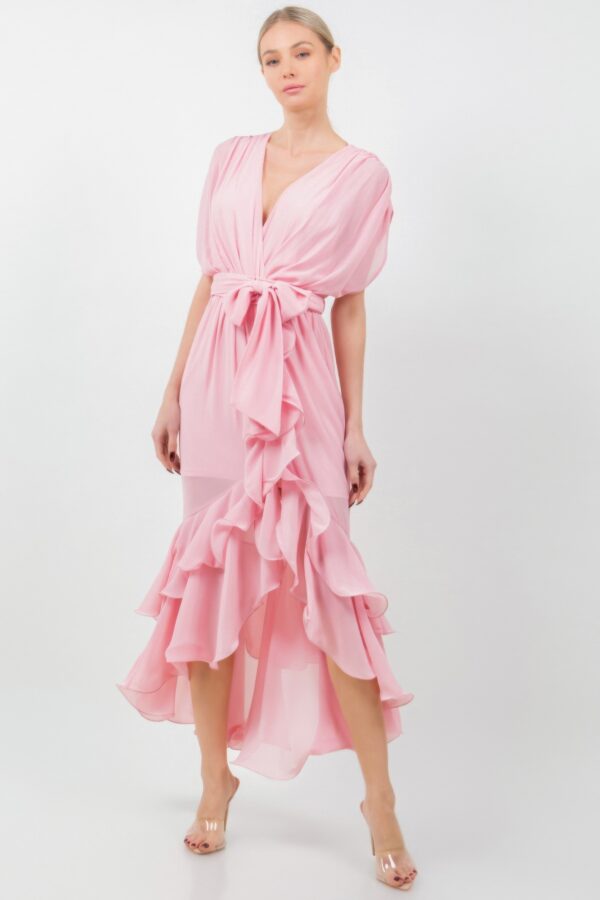 Mauve Tie-Waist Ruffle Midi Dress with Flowing Skirt