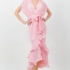 Mauve Tie-Waist Ruffle Midi Dress with Flowing Skirt
