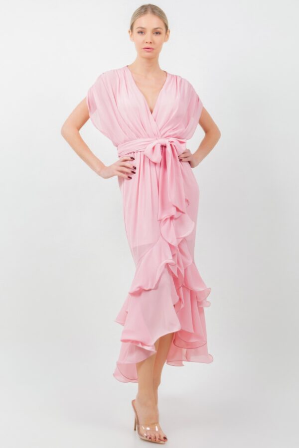 Mauve Tie-Waist Ruffle Midi Dress with Flowing Skirt
