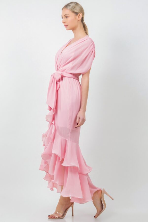 Mauve Tie-Waist Ruffle Midi Dress with Flowing Skirt