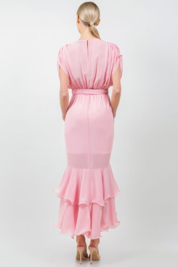 Mauve Tie-Waist Ruffle Midi Dress with Flowing Skirt