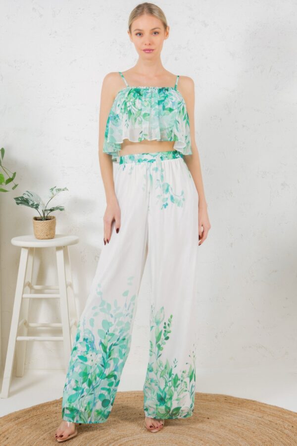 Printed Crop Top & Wide-Leg Pants Set – Ivory
