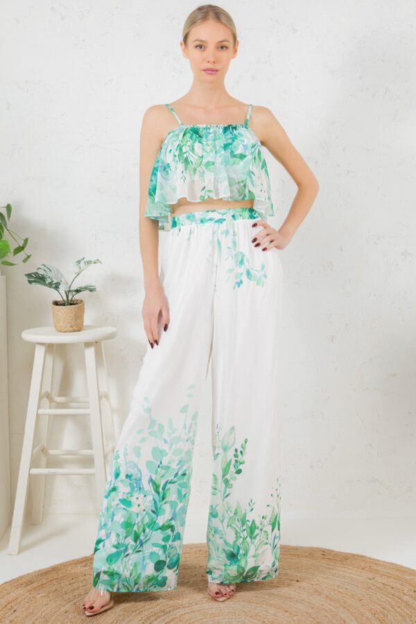 Printed Crop Top & Wide-Leg Pants Set – Ivory