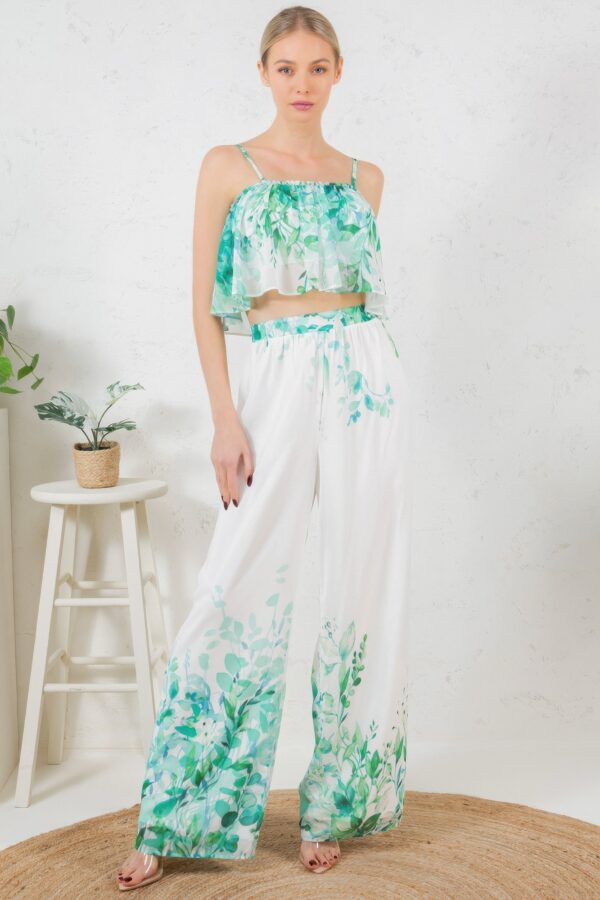 Printed Crop Top & Wide-Leg Pants Set – Ivory