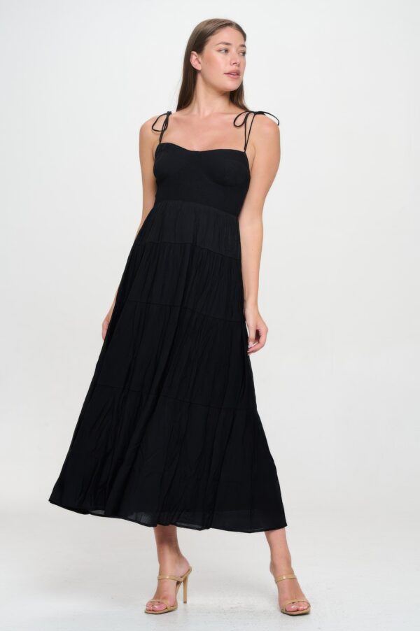 Smocked Ruffle Maxi Dress with Tie Bow – Black