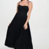 Smocked Ruffle Maxi Dress with Tie Bow – Black