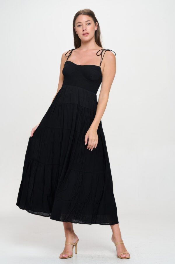 Smocked Ruffle Maxi Dress with Tie Bow – Black