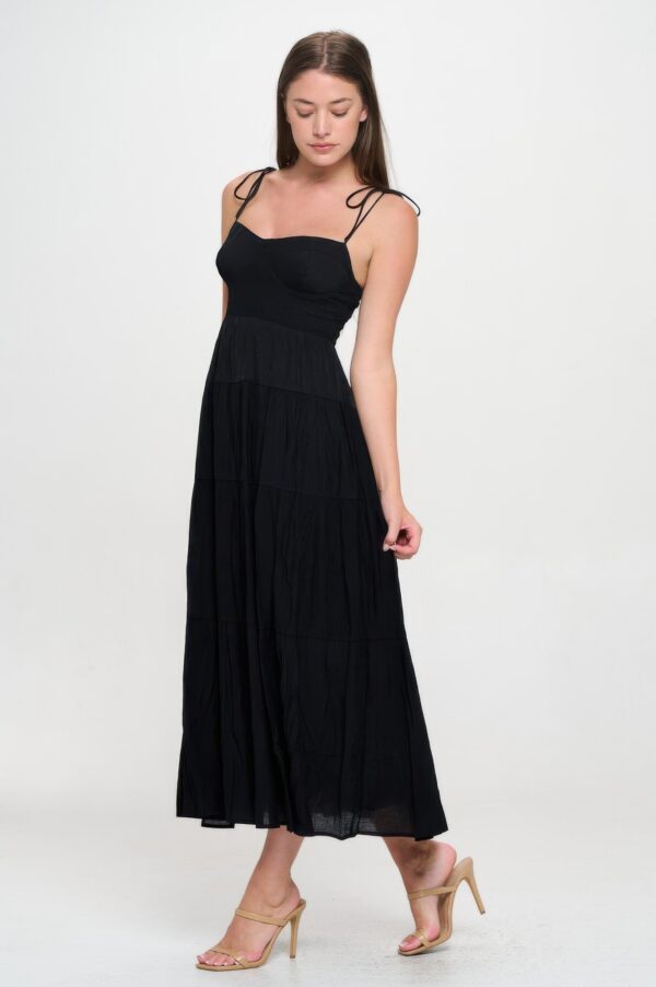 Smocked Ruffle Maxi Dress with Tie Bow – Black