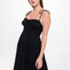 Smocked Ruffle Maxi Dress with Tie Bow – Black