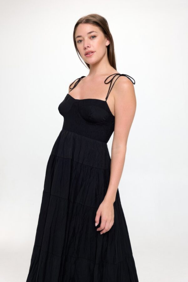 Smocked Ruffle Maxi Dress with Tie Bow – Black