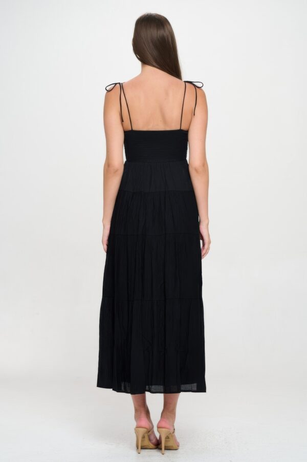 Smocked Ruffle Maxi Dress with Tie Bow – Black