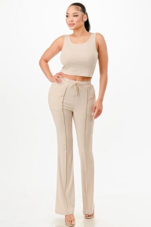 Ribbed Tank Top & Pant Set – Binded Waist, Khaki