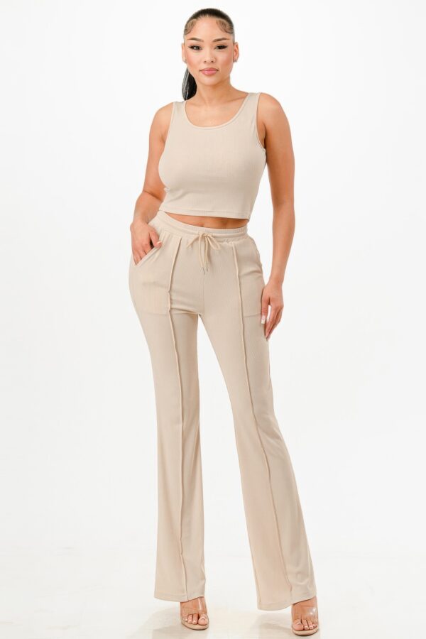 Ribbed Tank Top & Pant Set – Binded Waist, Khaki