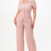Bubble Crepe Textured Polo Top & Pants Set – Pink