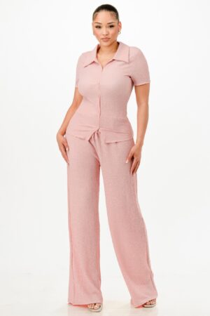 Bubble Crepe Textured Polo Top & Pants Set – Pink