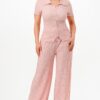 Bubble Crepe Textured Polo Top & Pants Set – Pink