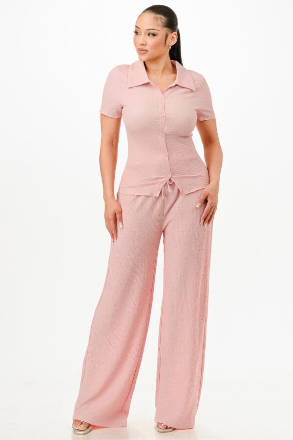 Bubble Crepe Textured Polo Top & Pants Set – Pink